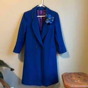 Blue wool peacoat w flower detail, middle button, breast pocket